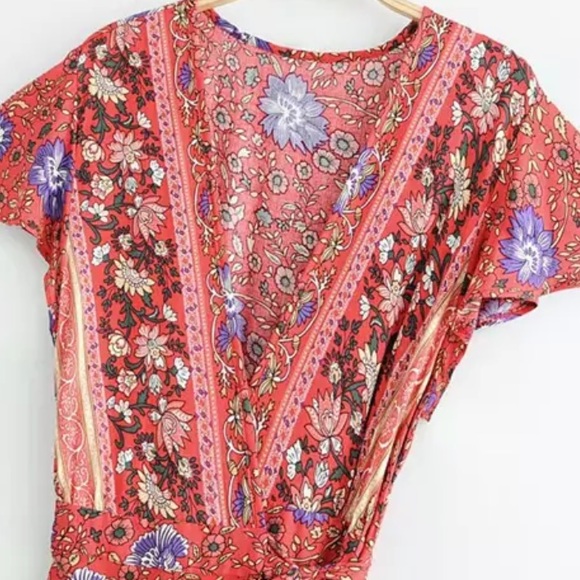 Boho Floral Gypsy Print Maxi Wrap Dress red - Picture 7 of 14